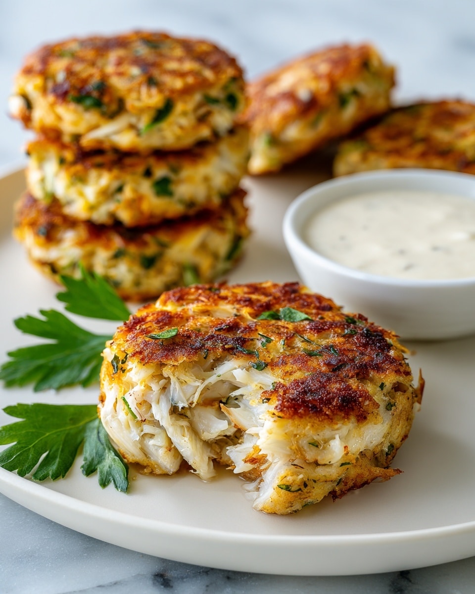 A golden brown crab cake with a crispy texture occupies the center of a white plate on a white marbled surface. The crab cake is thick and chunky, revealing flakes of white crab meat mixed with herbs inside. To the top left, several more crab cakes are stacked, showing their browned, crunchy tops with bits of green herbs. On the right side of the plate, there is a small white bowl filled with a creamy white dipping sauce. A bright green parsley leaf lies to the bottom left of the main crab cake. The overall look is warm and inviting with a focus on the crisp texture and fresh ingredients. photo taken with an iphone --ar 4:5 --v 7