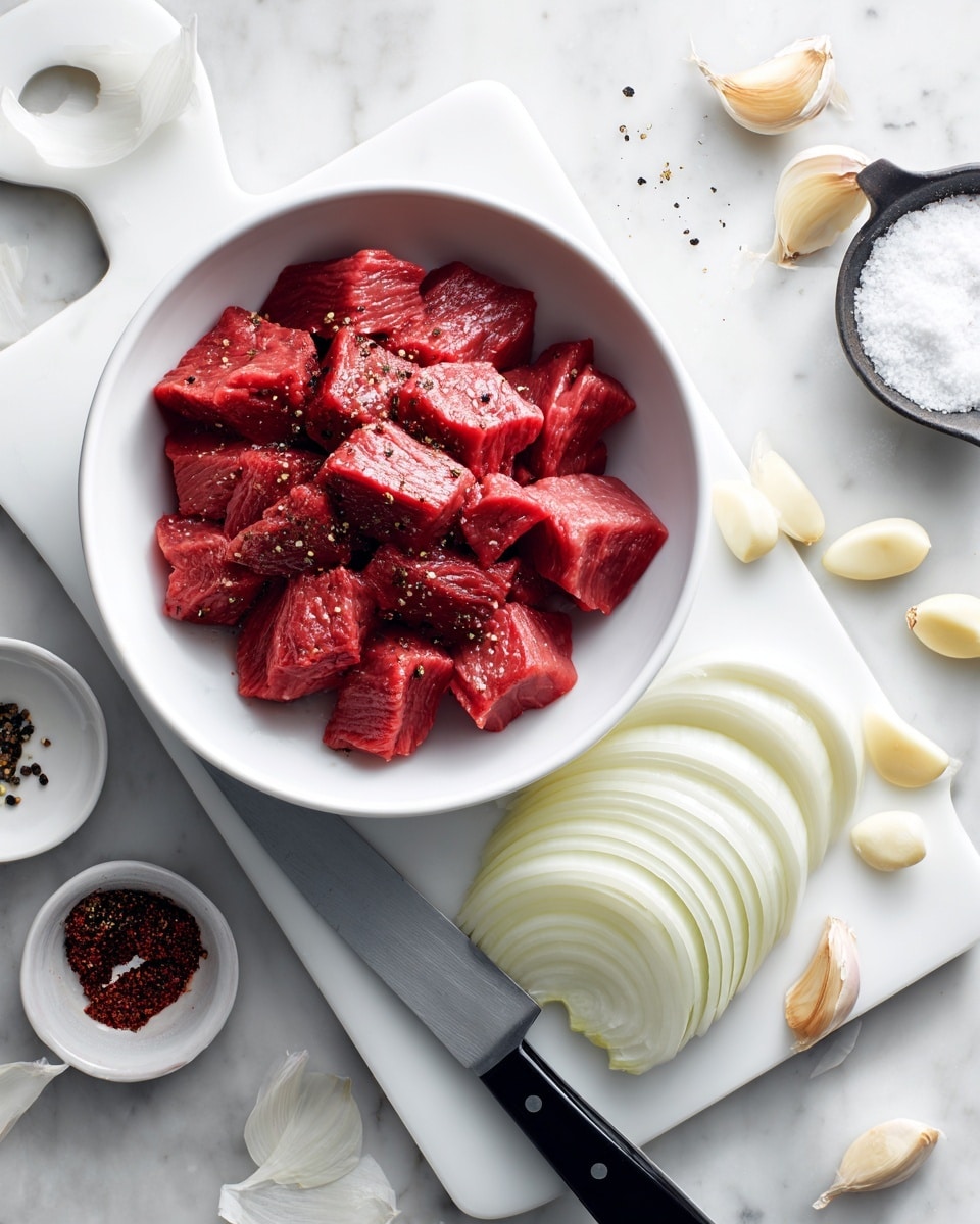 A white bowl filled with raw red beef chunks sprinkled with black pepper sits at the top left of a white marbled surface. Below it, a white cutting board holds sliced white onions in a fan shape that show layers of pale yellow and white. To the right of the sliced onions, whole peeled garlic cloves are scattered. A black-handled knife rests horizontally at the bottom of the cutting board. Around the boards are onion skins, whole and peeled garlic, a small white bowl of black pepper, a metal spoon with red paste, and a small white bowl filled with salt. The scene is bright and clean, showing fresh ingredients ready for cooking photo taken with an iphone --ar 4:5 --v 7