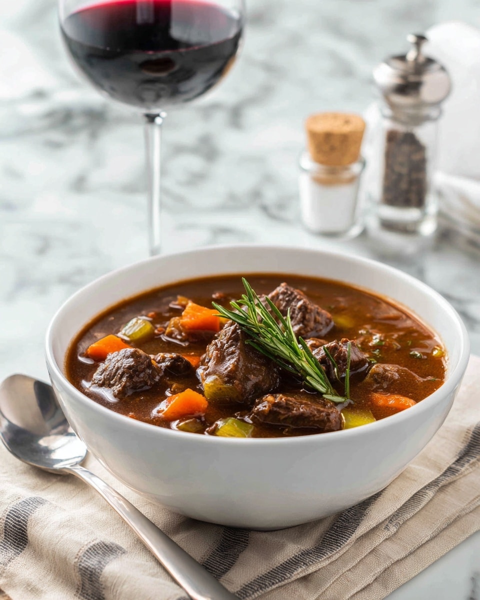 A white bowl filled with thick beef stew showing chunks of dark brown beef, soft orange carrot pieces, and lighter green celery bits in a rich, deep brown broth. A fresh sprig of rosemary rests on top for garnish. The bowl is placed on a beige cloth napkin with dark stripes, set on a white marbled surface. Behind the bowl, there is a glass of dark red wine, a cork, and salt and pepper shakers. Silverware is partially visible near the bowl. photo taken with an iphone --ar 4:5 --v 7