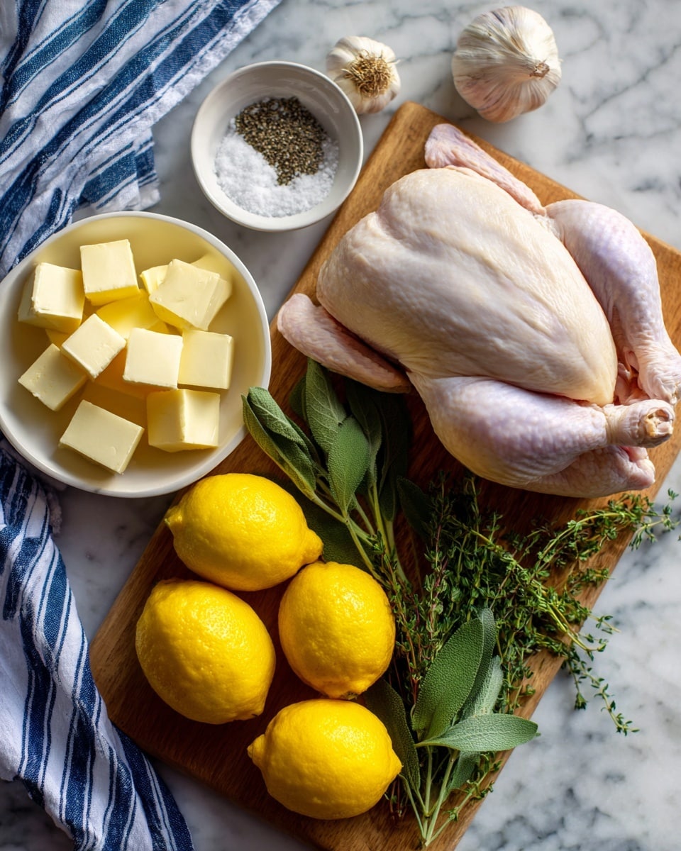 A raw whole chicken lies on a wooden cutting board, slightly to the right. To the left of the chicken, there are four bright yellow lemons arranged close together. Above the lemons is a round white bowl holding cubed butter chunks. Near the top left corner, a white bowl contains a mix of salt and pepper. Below the bowls and lemons, fresh green herbs, including sage and thyme, spread out. A garlic bulb with a purple tint rests near the top center of the board. The board is placed on a white marbled surface, with a blue and white striped cloth partially visible at the top and right edges of the image. Photo taken with an iphone --ar 4:5 --v 7