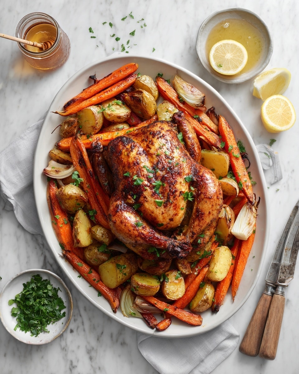 A whole roasted chicken with golden-brown crispy skin is placed in the middle of a large white oval dish. Around the chicken, there are several layers of roasted carrot sticks, cut in thick pieces, showing a bright orange color with charred spots. Halved baby potatoes in a mix of light yellow and brownish skins are scattered between the carrots, some with golden edges. There are also a few pieces of roasted onion, mostly white with light caramelized marks. Fresh green herbs are sprinkled across the chicken for a pop of color. The dish is set on a white marbled surface with a small white bowl of chopped green herbs on the side, a small glass jar of honey with a wooden dipper, halved lemons, and two silver carving tools with wooden handles near the plate. photo taken with an iphone --ar 4:5 --v 7