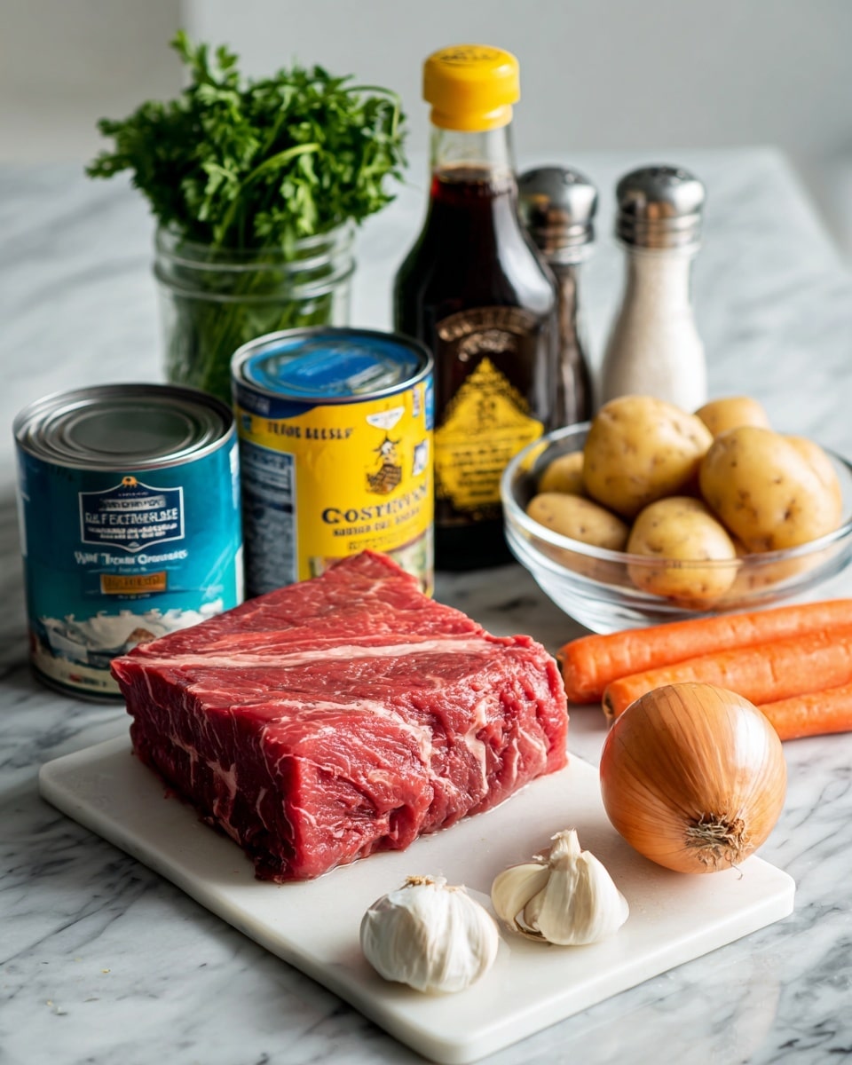 The image shows fresh cooking ingredients arranged on a white marbled surface. At the center front, there is a thick piece of red raw beef with white marbling placed on a white cutting board. Behind it to the left, a bunch of fresh green herbs in a glass jar stands tall next to a blue and silver can of beef broth. A yellow container of cornstarch with a blue lid is placed next to the broth. To the right of the cornstarch, there is a tall dark brown bottle of Worcestershire sauce with a yellow label. In front of the bottle, an orange onion and several cloves of garlic lie close together. On the far right, there is a transparent glass bowl filled with light brown potatoes beside three long orange carrots. Behind the carrots, a clear glass oil bottle and a salt and pepper shaker set complete the setup. Photo taken with an iphone --ar 4:5 --v 7