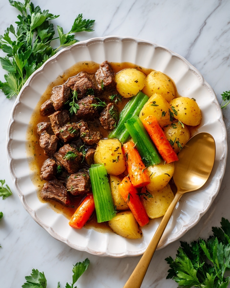 A white scalloped plate holds a rustic meal of tender chunks of brown cooked meat piled on the left side, showing a soft texture with some herbs sprinkled on top. On the right side, yellow potatoes, orange carrot pieces, and green celery stalks with a shiny, slightly cooked look lay together. The dish has a light glaze of brown sauce giving it a moist appearance. A gold metal spoon rests on the right side of the plate. The plate is set on a white marbled surface with some green parsley leaves around the edges. photo taken with an iphone --ar 4:5 --v 7