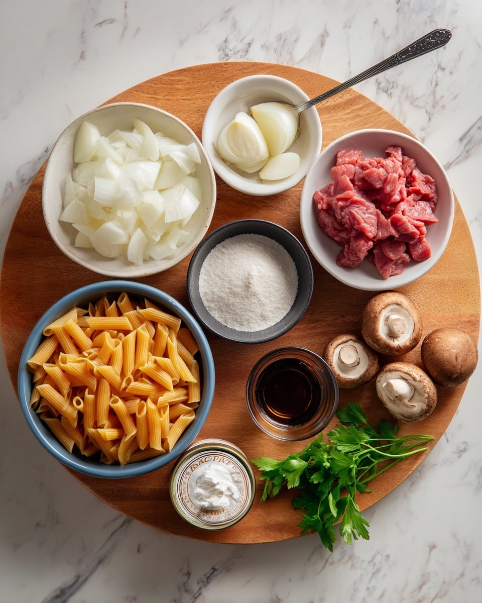 A round wooden board holds several small white bowls and containers arranged neatly. Starting from the top left, there is a white bowl filled with large pieces of chopped white onion. Next to it is a metal spoon holding thin slices of garlic. To the right is a white bowl containing red raw meat chunks. Below that is a small white bowl with a light brown powder spice. In the center is a small black bowl filled with white flour. Below the flour bowl is a small white container with pink salt and black pepper. A blue bowl filled with orange penne pasta rests near the bottom left, beside two whole brown mushrooms. In the center bottom is a small can of organic coconut cream. To the right of the can are fresh green parsley leaves. Additionally, two small clear glass bowls with dark brown liquid are placed on the board. The wooden board and bowls sit on a white marbled texture surface photo taken with an iphone --ar 4:5 --v 7