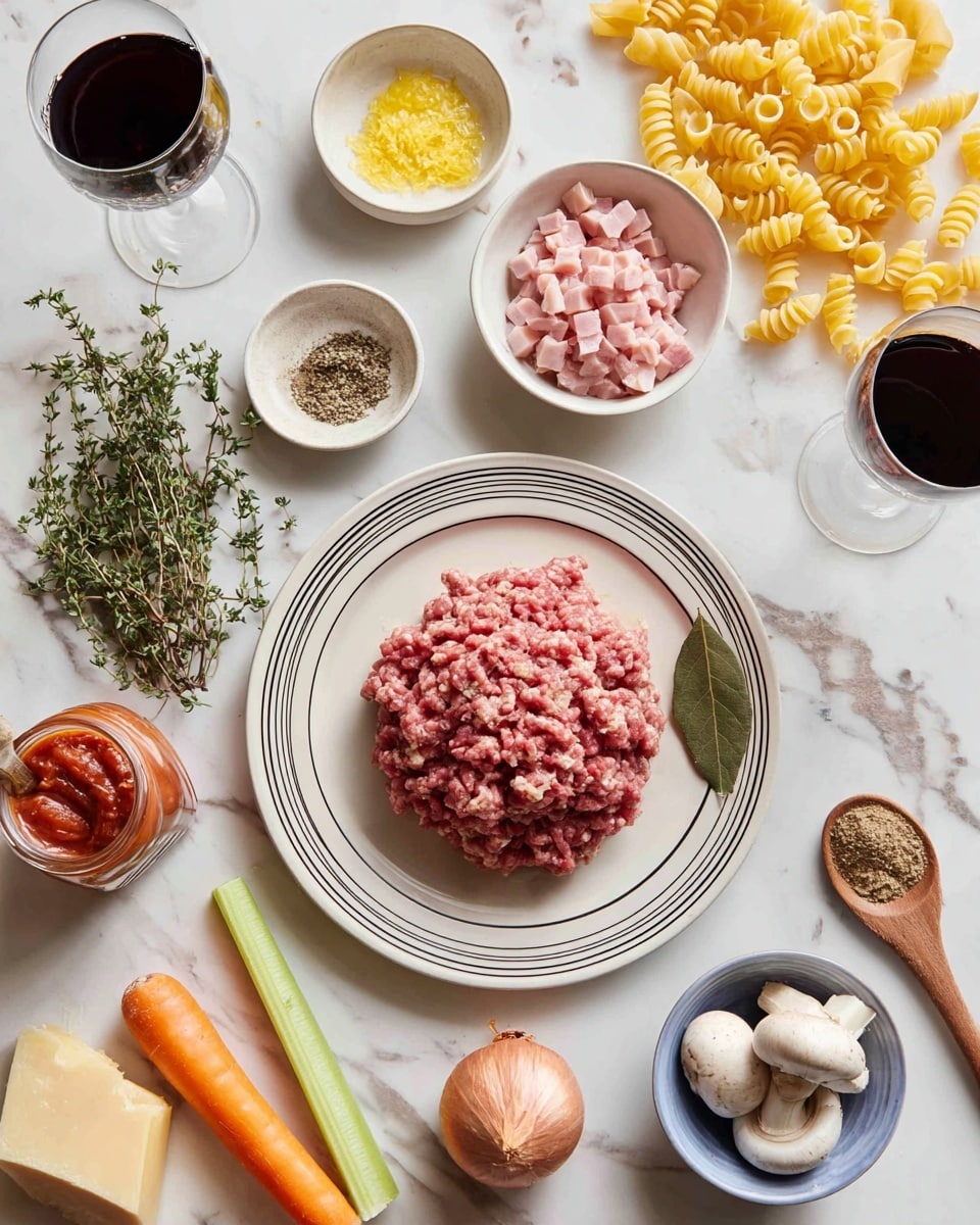 On a white marbled surface, there is a white plate with black stripes holding a piled layer of raw ground meat with a bay leaf on the side. Around the plate, several small white bowls contain diced pink ham, golden yellow oil, mixed herbs, and coarse salt. A bunch of fresh green thyme lies next to a small glass jar filled with chunky red tomato sauce. Near the bottom, three fresh white mushrooms, a peeled orange carrot, and cut celery pieces in a small blue bowl are arranged alongside three garlic cloves and a wooden spoon filled with brown spice. A tube of tomato paste with a red cap, a round block of light brown cheese, a brown onion, and a short stack of large tube-shaped pasta sit nearby. Two dark glasses, one filled with dark red wine and the other with a dark liquid, complete the scene. photo taken with an iphone --ar 4:5 --v 7