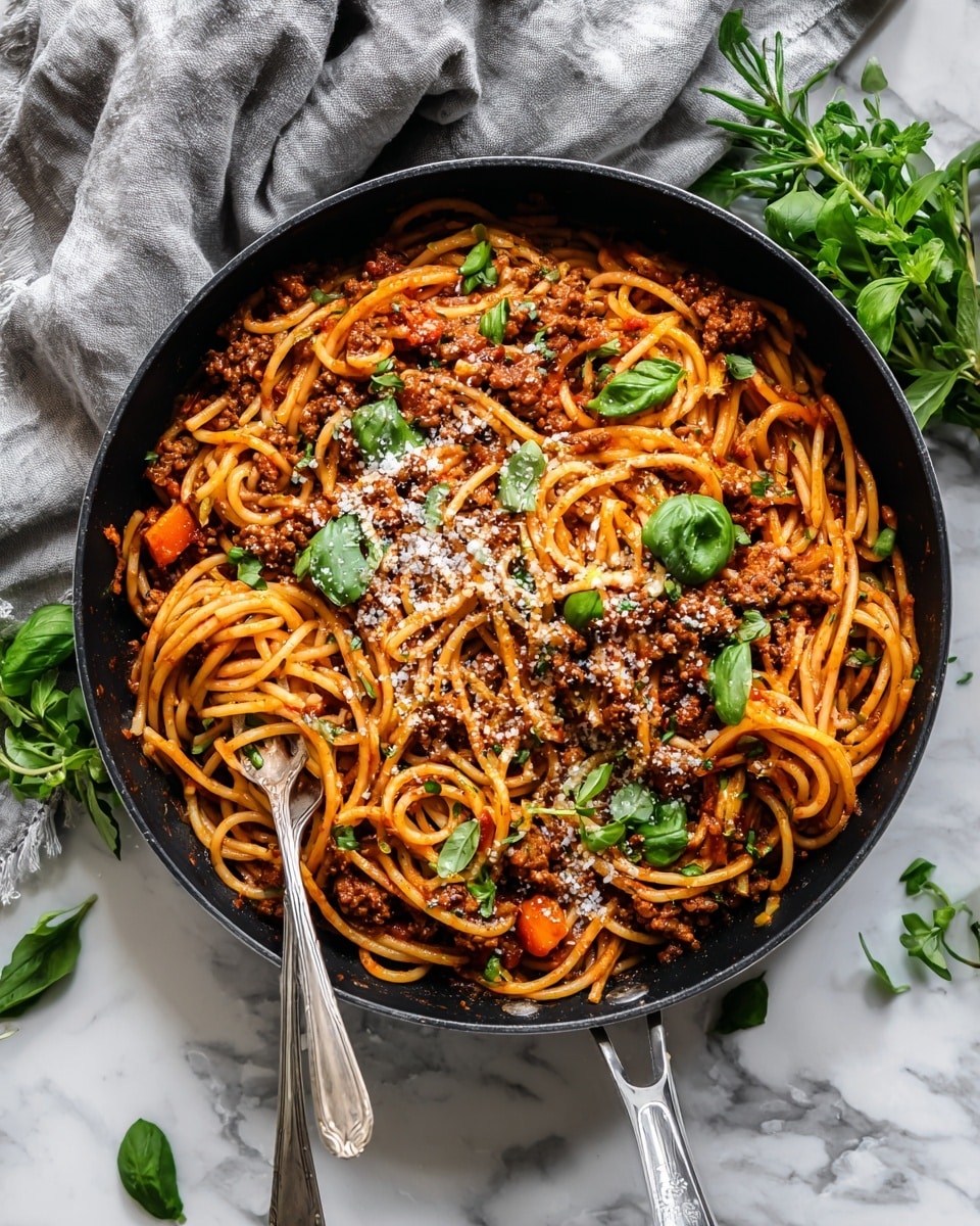 A black pan filled with spaghetti mixed with a rich red sauce containing ground meat and small orange carrot pieces, sprinkled lightly with white grated cheese. Bright green basil leaves are scattered on top, adding a fresh pop of color. Two silver forks are placed inside the pan, one holding some twisted spaghetti. The pan sits on a white marbled surface, with a gray cloth draped above it and fresh green herbs nearby. Photo taken with an iphone --ar 4:5 --v 7