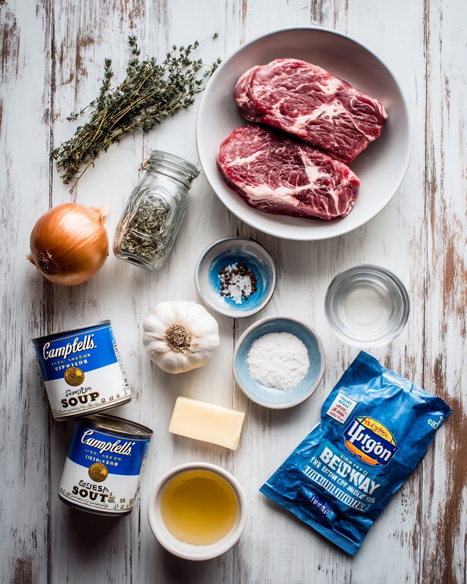 The image shows ingredients neatly arranged on a white wooden surface with some brown streaks. At the top center is a white bowl holding two raw red meat cuts with visible marbling. To its right, there is a small clear jar of thyme leaves, a small blue bowl with a white powder, and a tiny white bowl with black pepper and salt. Below the meat, there are two cans of Campbell’s French Onion Soup side by side. To the left of the cans, there is a whole onion and a peeled garlic bulb clustered near a stick of butter. Below the butter, a small white bowl holds a pale yellow liquid. To the bottom right, there is a blue Lipton Beefy Onion soup mix packet. A small glass bowl of clear liquid is placed near the center-right. The whole setup is well lit with soft natural light. Photo taken with an iphone --ar 4:5 --v 7