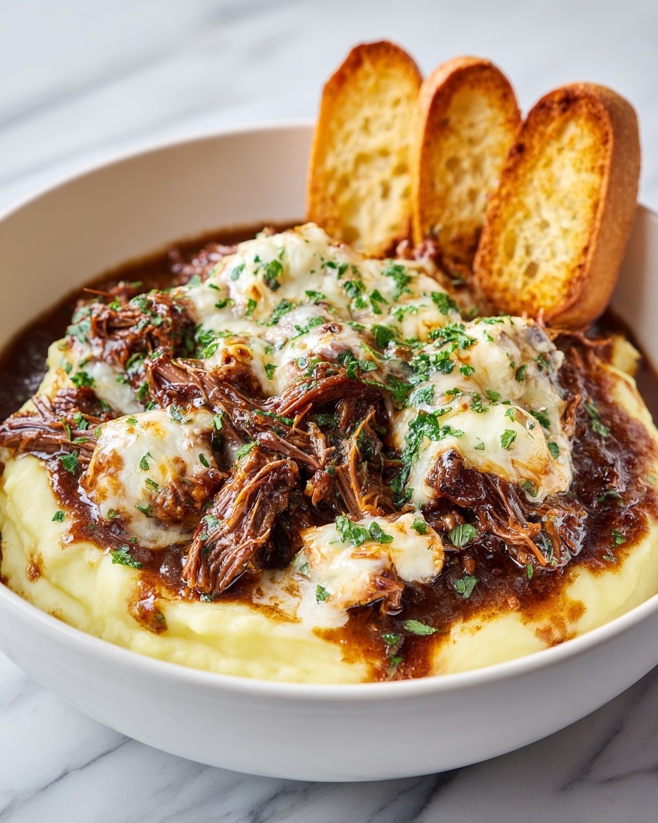 A white bowl filled with three layers: the bottom layer is smooth, creamy mashed potatoes in pale yellow; the middle layer consists of shredded, tender pulled meat in a rich, dark brown sauce with some green herbs sprinkled on top; the top layer is melted white cheese draped unevenly over the meat. Three slices of toasted golden-brown baguette are placed vertically along the bowl’s edge. The bowl sits on a white marbled surface. photo taken with an iphone --ar 4:5 --v 7