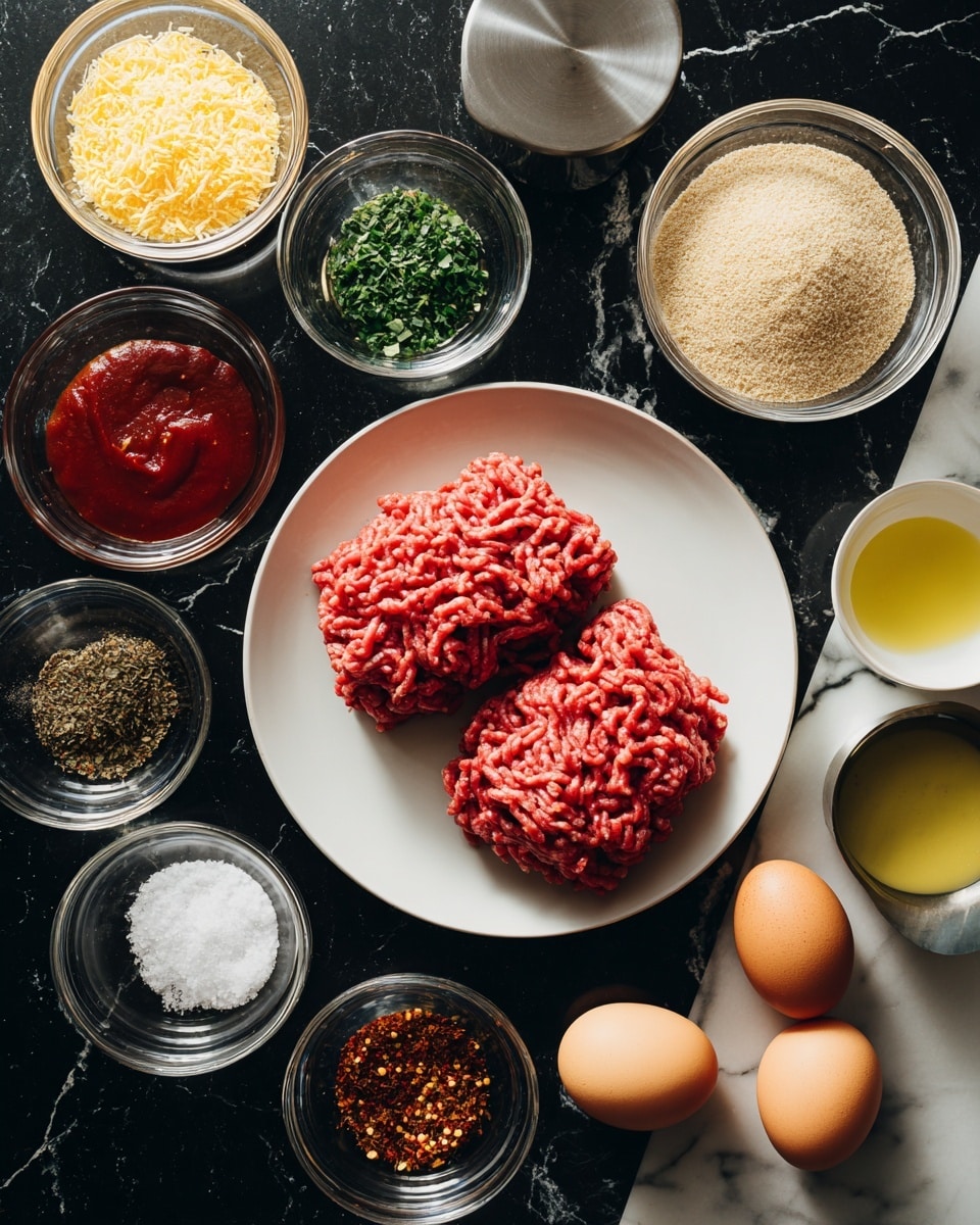 Two rectangular pieces of raw red ground meat are placed side by side in the center of a round white plate. Around the plate, a variety of small clear glass bowls hold different ingredients: light yellow breadcrumbs, bright red tomato sauce, dark soy sauce, mixed green dried herbs, yellowish dry seasoning, crushed red chili flakes, white salt, black pepper, and chopped white onions. There are also two whole brown eggs, a small stainless steel bowl with pale yellow mustard, another with a light golden oil, and a small bowl with pale beige granules. All items sit on a dark surface with a white marbled texture in the background. photo taken with an iphone --ar 4:5 --v 7