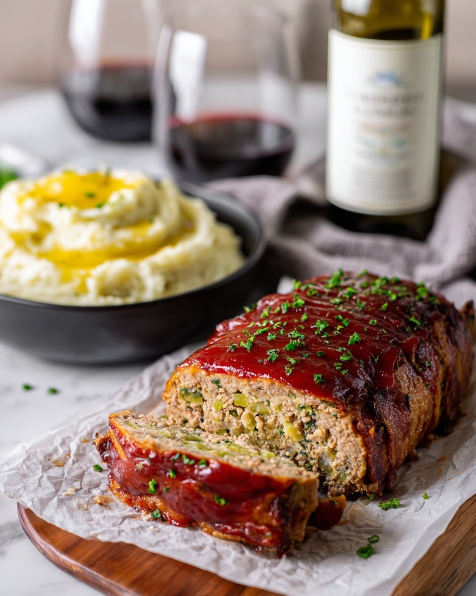 A sliced meatloaf wrapped in crispy bacon lies on white parchment paper over a wooden tray, showing two layers inside: a thick outer layer of cooked ground meat, and a green herb and vegetable filling in the center. The top is covered by a shiny red glaze and sprinkled with chopped green herbs. In the background, a black bowl on a folded gray cloth holds creamy mashed potatoes with a yellow butter pat on top and visible pepper specks. Two clear glasses filled with bright red wine stand beside a bottle with a white label, all placed on a white marbled surface. Photo taken with an iphone --ar 4:5 --v 7
