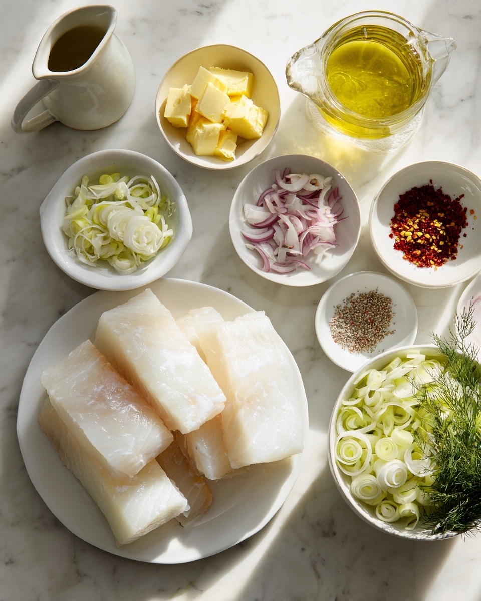The image shows an overhead view of a white plate in the center with five thick, raw white fish fillets stacked slightly overlapping each other. Around the plate are several small white bowls arranged neatly, each containing different ingredients: one has cubed yellow butter, another has finely chopped garlic, a third bowl has thinly sliced light purple shallots, a small bowl holds red chili flakes, and another has fresh green dill. A larger white bowl near the bottom right is filled with thinly sliced pale green and white leeks. A small bowl with mixed salt and pepper is placed to the right of the fish. A clear glass cup filled with a translucent yellow liquid sits near the top right corner. There is a white pitcher with a handle near the upper right corner and a glass measuring cup with white cream on the left side. The background is a white marbled surface with soft natural light casting gentle shadows. photo taken with an iphone --ar 4:5 --v 7