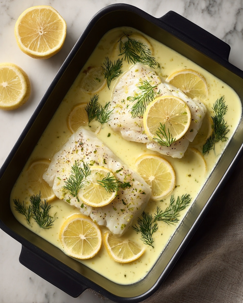 The image shows two thick pieces of white fish fillets, each topped with a small slice of lemon and green dill leaves, sitting in a creamy yellow sauce. Around the fillets are several thin lemon slices, partially submerged in the sauce, which has a smooth, shiny texture. The fish and sauce are placed inside a black baking dish, and the whole scene is set on a white marbled surface. The fish looks tender and lightly seasoned with some black pepper visible on top. Photo taken with an iphone --ar 4:5 --v 7