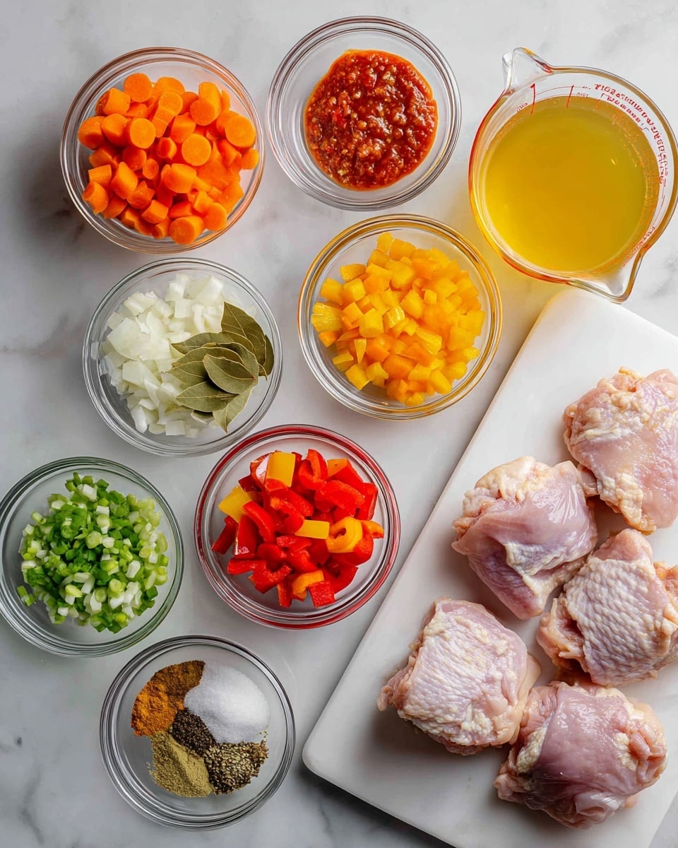 The image shows five raw chicken thighs on a white cutting board on the right side, with many small clear glass bowls filled with chopped and whole ingredients neatly spread out on a white marbled surface to the left. These include bright orange sliced carrots, red, yellow, and orange bell pepper pieces, chopped white onion, chopped green onions, minced garlic, ginger, bay leaves, dried herbs, ground spices in light brown and dark brown colors, a small bowl of tomato paste, a glass measuring cup with light yellow broth, and two glass measuring cups with clear and golden liquids. The setup is clean and bright, organized for cooking preparation photo taken with an iphone --ar 4:5 --v 7