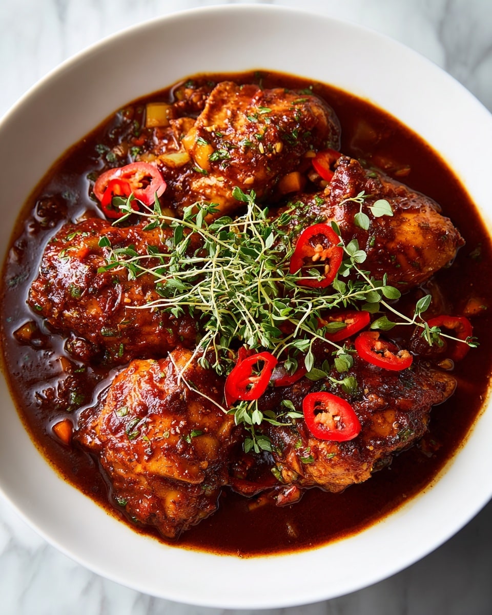 The dish shows several pieces of rich brown cooked chicken, coated in a thick dark reddish-brown sauce that looks glossy and savory. The chicken pieces vary in size and shape, with some having a slightly crispy texture, all nestled in the sauce, which has small bits of vegetables like carrots and herbs. Thin slices of bright red chili peppers and fresh green sprigs of thyme are scattered on top, adding color contrast. The dish appears in a white bowl over a white marbled surface. photo taken with an iphone --ar 4:5 --v 7