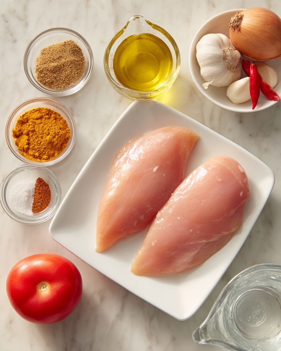 Two raw chicken breasts with a light pink color and smooth texture lie side by side on a white square plate in the center. To the bottom left, three small glass bowls hold bright orange-yellow turmeric powder, brown ground spice, and white salt. Above the plate, a small glass measuring cup contains pale yellow cooking oil. To the right, a small white bowl contains a garlic bulb with a few cloves, a whole brown onion, and a small orange chili pepper. Below the bowl, a bright red tomato rests on the white marbled surface. A small clear glass jug filled with water is placed near the tomato. The whole scene is set on a white marbled background with soft natural lighting. photo taken with an iphone --ar 4:5 --v 7
