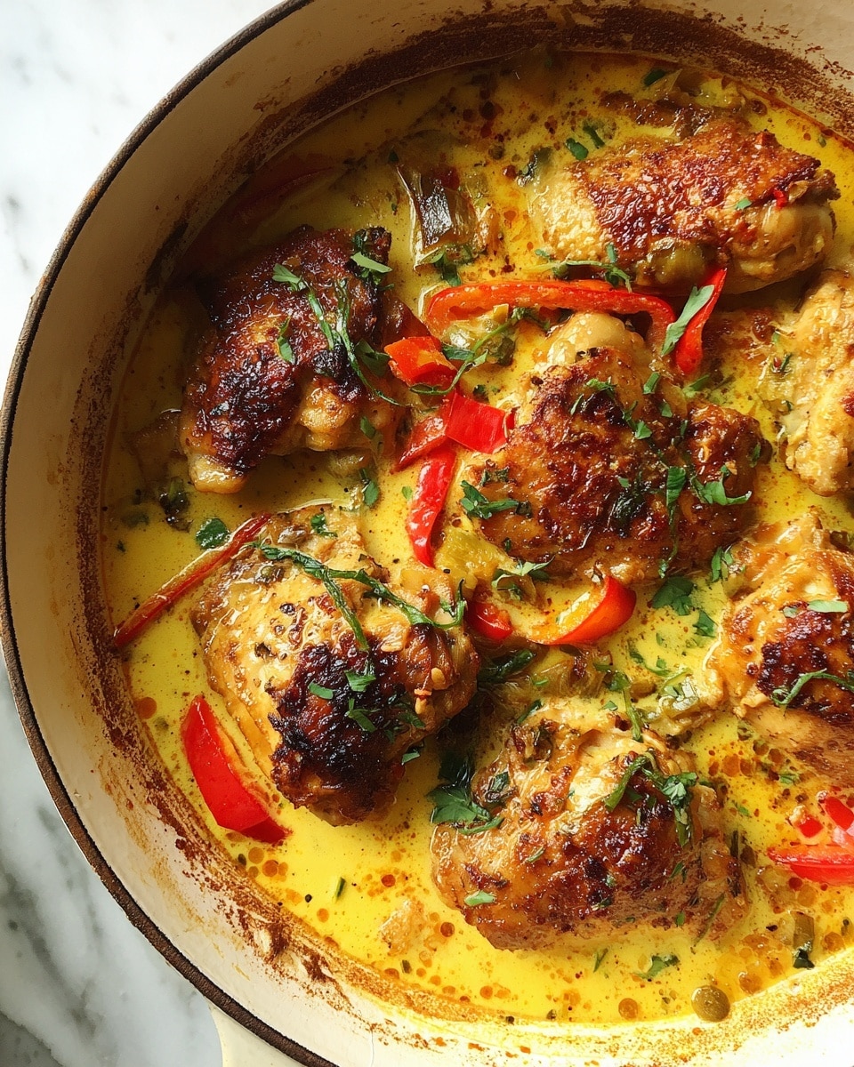 A white pot filled with thick yellow sauce covering browned chicken pieces, with visible red and green bell pepper slices, and bits of green herbs sprinkled on top. The sauce looks creamy and rich, surrounding the chicken in the pot, which has a slightly burnt rim with some sauce stains. The background shows a white marbled texture. Photo taken with an iphone --ar 4:5 --v 7