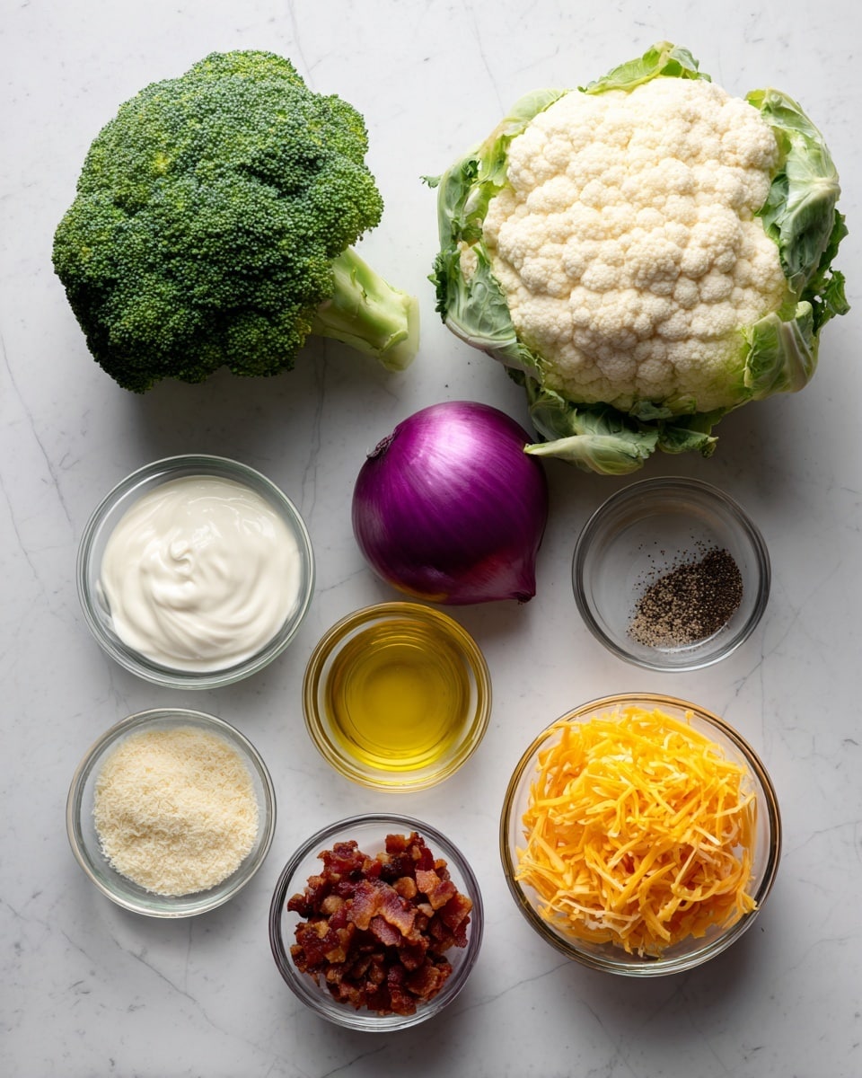 The image shows fresh ingredients arranged neatly on a white marbled surface. In the top left is a vibrant green broccoli head with a sturdy stalk. To the right, there is a large white cauliflower with some green leaves attached. Below the broccoli and cauliflower, there is a small purple-red onion placed in the center. To the right of the onion is a clear bowl with golden liquid, possibly oil. Below these, moving left to right, are five glass bowls: one with thick white sour cream, one small bowl with black pepper, one with light beige granulated substance, one filled with shredded orange cheddar cheese, and the last bowl contains cooked bits of bacon or another similar ingredient with a reddish brown texture. Photo taken with an iphone --ar 4:5 --v 7