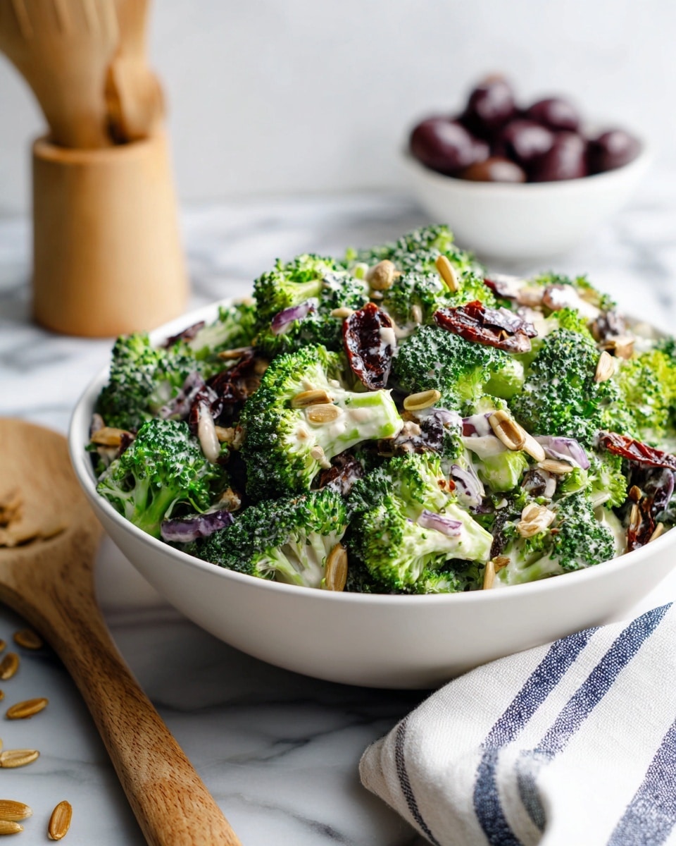 A white bowl filled with a salad made of bright green broccoli pieces mixed with small bits of red onion and sun-dried tomatoes, all coated lightly in a creamy white dressing. The salad is topped with tan sunflower seeds scattered throughout. The bowl is placed on a white marbled surface with more sunflower seeds spread around it. In the background, a white bowl holds dark purple olives, and a wooden spoon rests against the wall. A white and blue striped cloth is draped partly under the bowl. Photo taken with an iphone --ar 4:5 --v 7