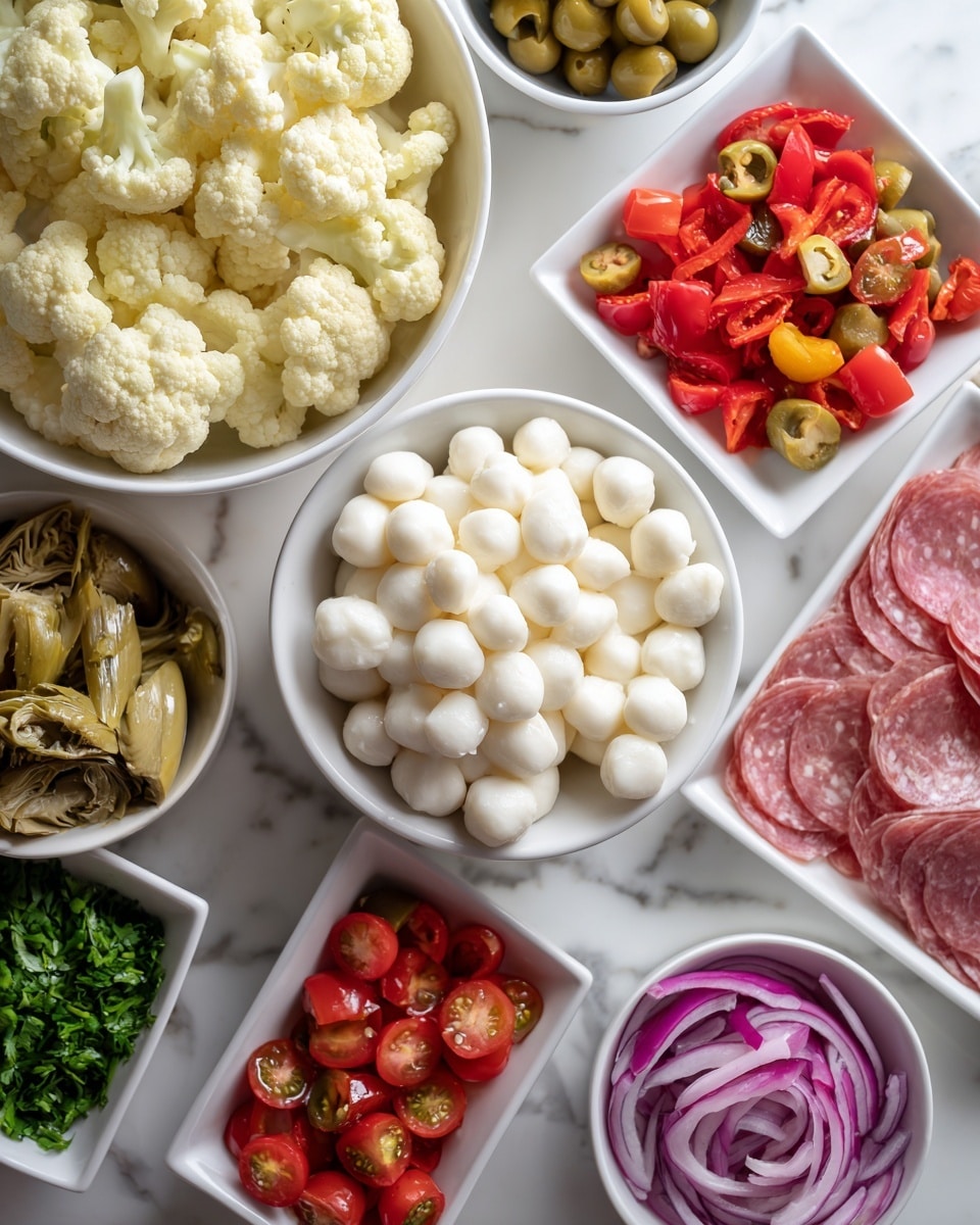 The image shows several white bowls and plates arranged on a white marbled surface. The largest bowl on the left holds light yellow cauliflower florets with a soft texture. Near the center, there is a medium white bowl filled with white, small mozzarella balls with a smooth surface. Around it, smaller white bowls contain green olives, dark green capers, marinated artichoke hearts which are light yellow-green and slightly wet, thinly sliced light pink salami on a white plate, bright red roasted peppers in a white rectangular dish, fresh green chopped herbs in a white bowl, halved red cherry tomatoes in a white square dish, and thin slices of purple-red onions on a white square plate. The colors are vivid and each ingredient is clearly visible, placed neatly with no overlapping. photo taken with an iphone --ar 4:5 --v 7