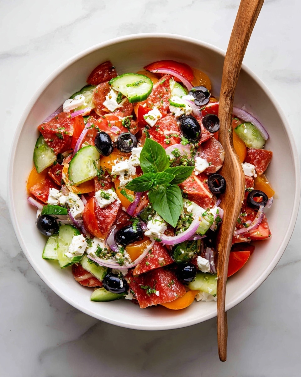 The image shows a colorful salad in a white bowl on a white marbled surface. The salad has several layers with bright red tomato pieces, light green cucumber slices, and shiny black olive rings scattered throughout. There are small white chunks of cheese and thin orange slices of pepperoni mixed in. Finely chopped purple onions add a touch of sharp color, and fresh green oregano leaves sit on top as garnish. A wooden spoon rests inside the bowl, adding a natural texture to the mix. The colors are vibrant and fresh, making the salad look appetizing and full of variety. photo taken with an iphone --ar 4:5 --v 7