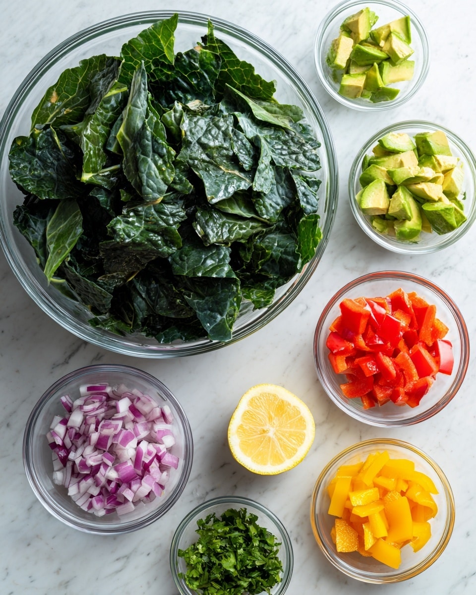 A large clear glass bowl is filled with fresh dark green kale leaves, placed on a white marbled surface. Surrounding the big bowl are seven small clear glass bowls arranged in a loose circle; each has a different ingredient: top right holds chopped avocado in light green chunks, next down contains bright red diced bell pepper, below it is a half lemon with a pale yellow inside, to its left is chopped fresh green herbs, above that are small yellow bell pepper pieces, to the left of that are small orange bell pepper pieces, and next to the large bowl on the left is finely chopped red onions with white and purple hues. The textures and colors create a vibrant mix of fresh salad ingredients photo taken with an iphone --ar 4:5 --v 7