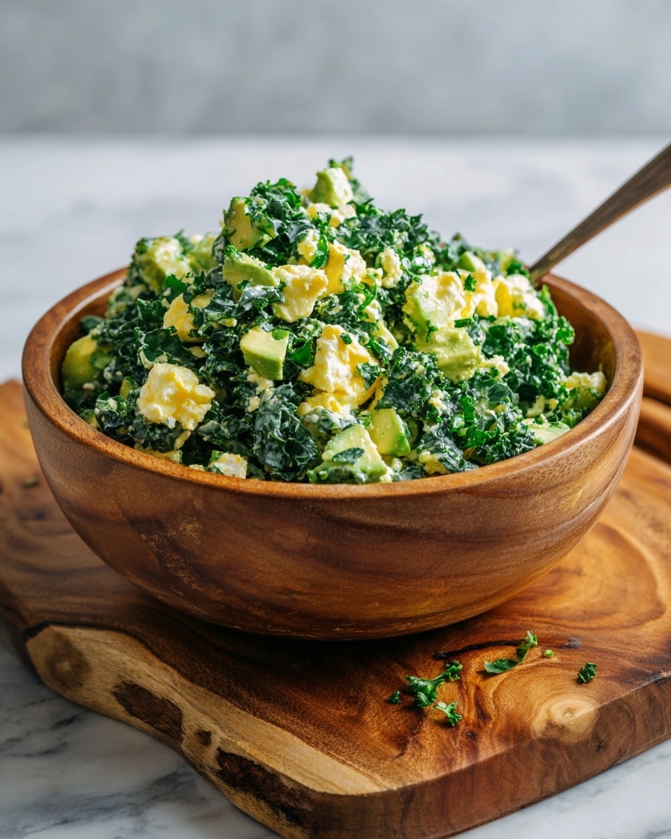 A round wooden bowl filled with a creamy green salad, consisting of chopped kale leaves, diced pale yellow pieces that look like boiled egg, small chunks of light green avocado, and sprinkled with fresh green herbs; the salad has a slightly rough texture with varied greens and soft yellow bits mixed throughout. The bowl sits on a wooden board with natural grain and knots, against a blurred background with a white marbled surface visible at the base. A spoon is placed inside the bowl on the right side. Photo taken with an iphone --ar 4:5 --v 7