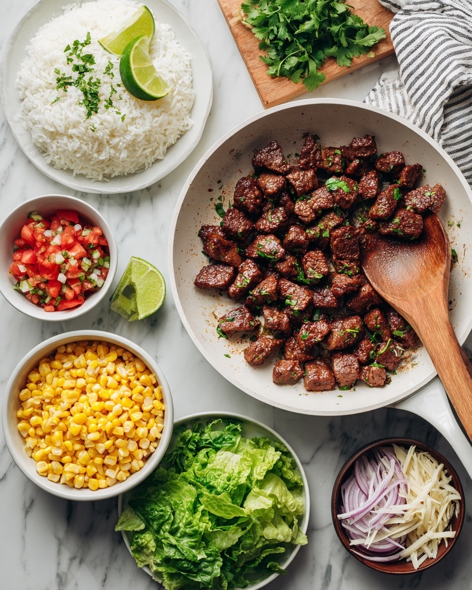 A white frying pan filled with small, cooked pieces of seasoned brown meat sits on a white marbled surface, with a wooden spoon resting inside it. To the left of the pan, there is a white plate with a mound of white rice garnished with green herbs and two lime wedges on top. Near the plate, a small wooden board holds fresh green cilantro and lime halves. Below, there are three small white bowls: one with yellow cooked corn, one with a red diced tomato mixture, and one with green leafy chopped lettuce. A small brown bowl with shredded white cheese and some thinly sliced purple onions scattered on the surface complete the arrangement. A striped cloth napkin lies partially visible at the top and bottom edges. Photo taken with an iphone --ar 4:5 --v 7