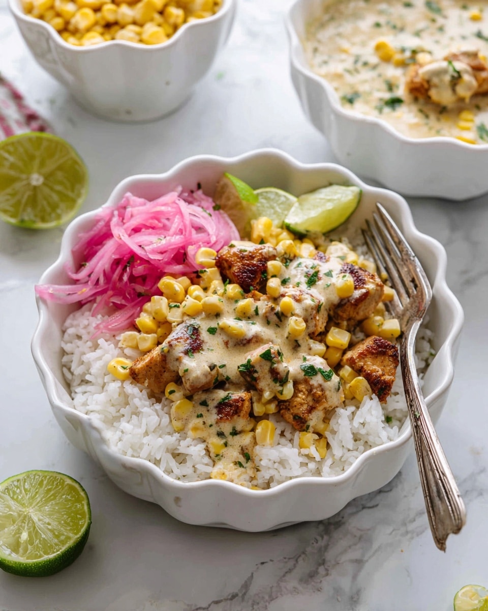 In a white scalloped bowl on a white marbled surface, there is a layered dish starting with a base of white rice, topped with browned pieces of seasoned chicken, then covered with a creamy corn and herb sauce containing visible corn kernels and green herbs. To one side, there is a small pile of pickled pink onions, and two lime wedges are placed on the edge of the bowl. A fork rests inside the bowl next to the chicken. In the background, two more white scalloped bowls are partially visible, one filled with more of the creamy corn sauce and another with chicken, rice, and lime wedges. A lime is also seen on the surface near the front bowl. photo taken with an iphone --ar 4:5 --v 7