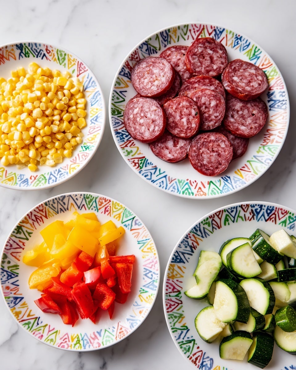 Four white plates with colorful geometric borders sit on a white marbled surface. The top plate shows several slices of reddish sausage with white fat bits, arranged loosely in the center. The bottom left plate holds bright yellow corn kernels with some small corn pieces evenly spread. The bottom right plate contains small cubes of red bell pepper piled at the center. The plate at the bottom displays chopped green zucchini pieces with pale inner flesh and a dark green outer skin, arranged loosely. photo taken with an iphone --ar 4:5 --v 7