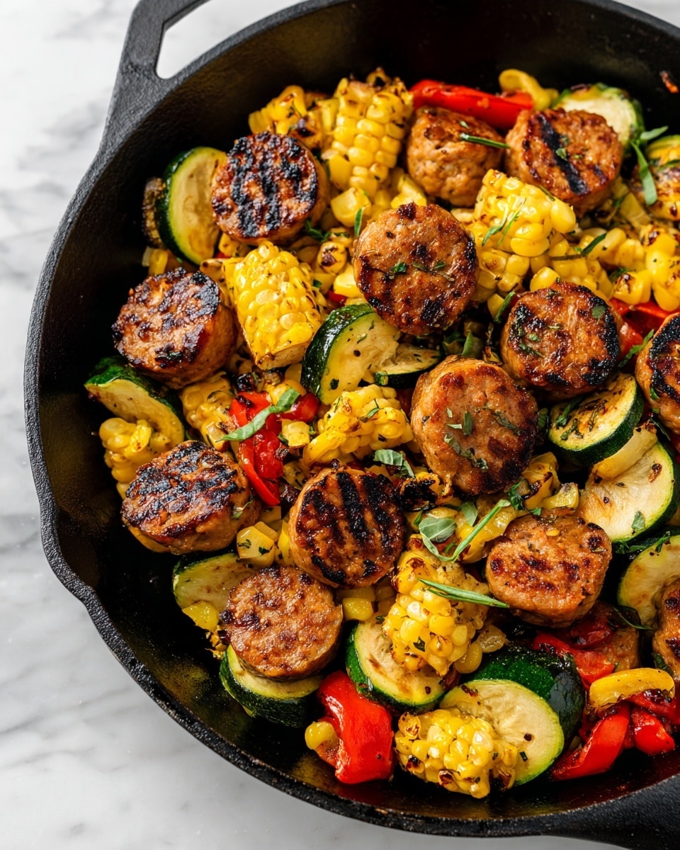 A black cast iron pan filled with a colorful mix of grilled food on a white marbled surface. The dish has three main layers: round, browned sausage slices with grill marks on top, bright yellow corn pieces with light charring, and yellow and red bell pepper chunks mixed with green zucchini slices that are soft and slightly grilled. Small bits of green herbs are scattered over the food, adding a fresh touch to the mix. The whole scene shows rich colors and textures, making the dish look warm and tasty, photo taken with an iphone --ar 4:5 --v 7