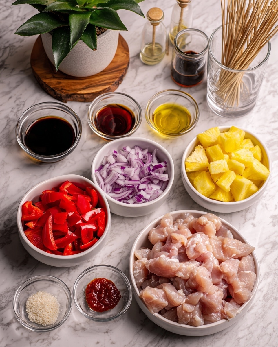 The image shows a white marbled surface with several white bowls and a clear glass measuring cup arranged neatly. In the front right bowl, there are raw pink chicken pieces cut into cubes. To its left, a white bowl contains bright red bell pepper chunks. Next to it is another white bowl filled with sliced purple onions. Behind the onions, small glass bowls hold dark soy sauce, light vinegar, and a dark amber liquid, likely sesame oil. Small white bowls contain minced garlic, minced ginger, brown sugar, and a red sauce, probably ketchup or chili sauce. A larger white bowl to the back right holds yellow pineapple chunks. Lastly, a wide white bowl filled with water contains several wooden skewers resting inside. A potted plant on a wooden base is seen in the far background. Photo taken with an iphone --ar 4:5 --v 7