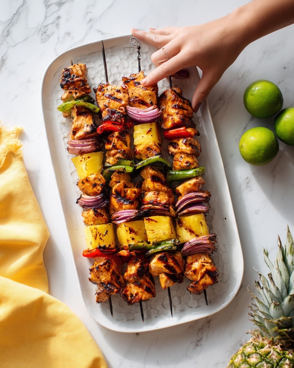 The image shows several skewers on a long white plate, each skewer with layers starting from the bottom with charred golden pineapple chunks, followed by grilled chicken pieces with a slight brown and glazed look, then slices of red bell pepper, green bell pepper, and red onion in alternating order. The skewers are neatly arranged on the plate, which is placed on a white marbled surface with a yellow cloth on the left side and two whole green limes on the right side next to a half pineapple. The lighting highlights the shiny glaze on the chicken and the slight char marks on the vegetables and pineapple, suggesting they are grilled. A woman's hand is seen lightly touching one of the skewers near the top edge of the plate photo taken with an iphone --ar 4:5 --v 7