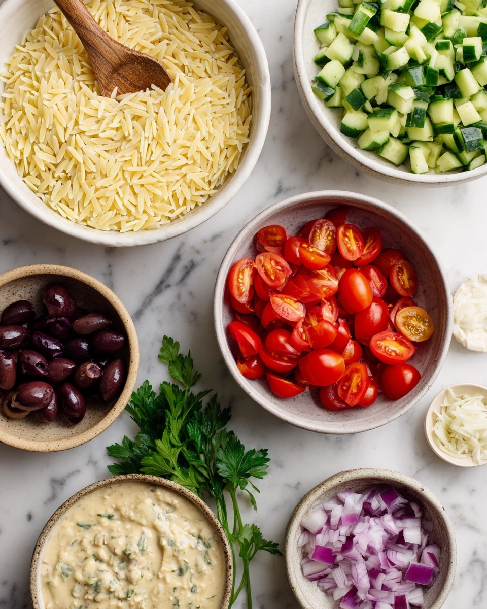 The image shows six white bowls arranged on a white marbled surface. The top left bowl holds pale yellow orzo pasta with a wooden spoon resting in it. To its right, a bowl is filled with chopped cucumber pieces, bright green with darker skin. Below the orzo bowl, there is a bowl filled with halved shiny red cherry tomatoes. Next to it, on the right, is a bowl of creamy beige-colored dressing with specks of herbs. Below the cherry tomatoes, a bowl contains dark purple sliced olives, and to its right, a bowl holds small cubes of bright purple-red onion. There is also a small bunch of fresh green parsley placed on the surface near the bottom left of the image. Photo taken with an iphone --ar 4:5 --v 7