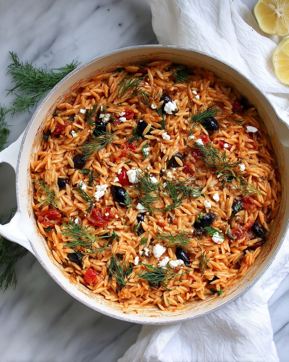 A white pan filled with orange-red cooked orzo mixed with pieces of dark black olives and chunks of red tomatoes, topped with small white crumbles of cheese and scattered green dill leaves, sitting on a white marbled surface with a white cloth nearby and lemon wedges in the top right corner photo taken with an iphone --ar 4:5 --v 7