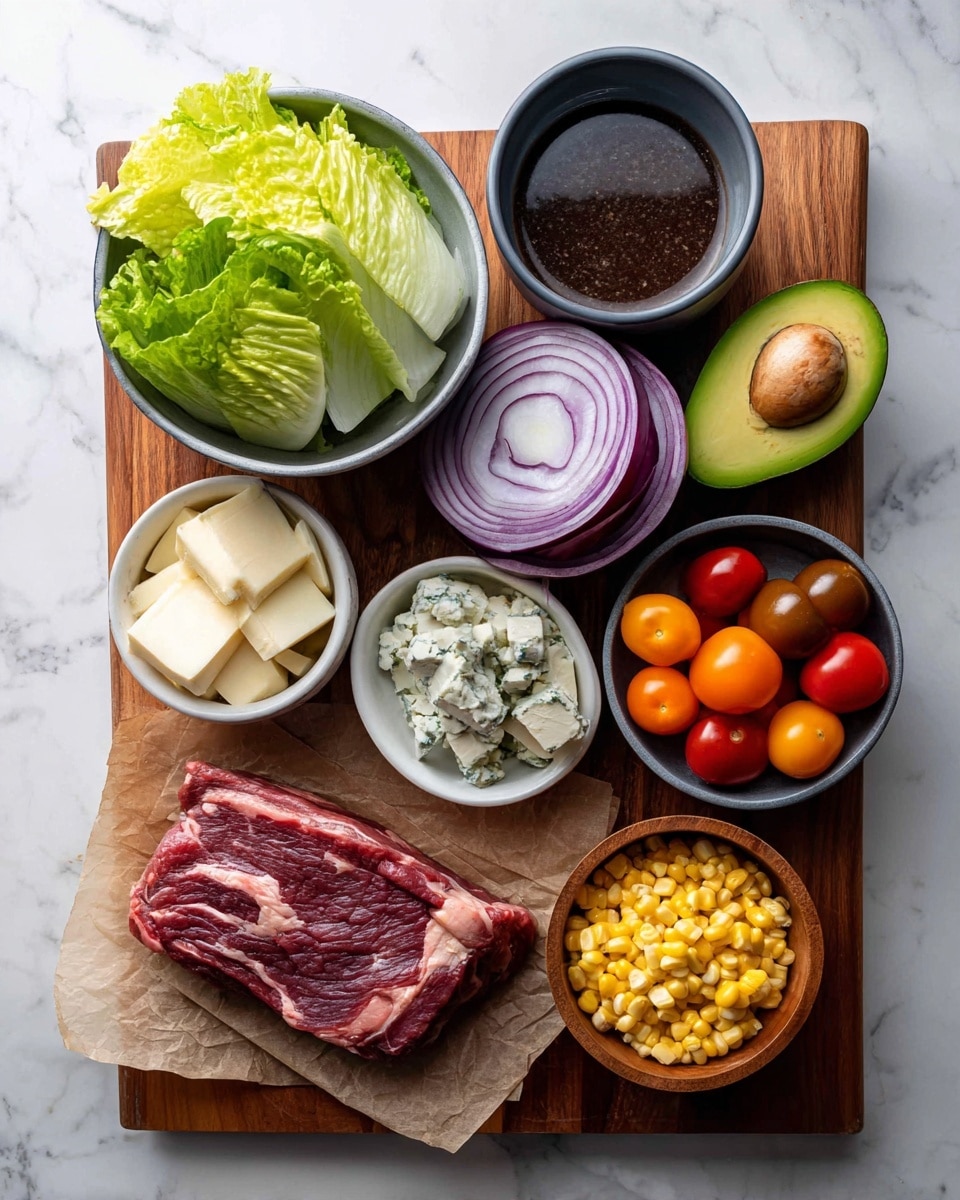 A wooden board holds several ingredients: a gray bowl on the top left filled with bright green lettuce leaves and white onion slices; to the right, half an avocado showing its green flesh and brown seed sits next to a purple-red onion half with white inner rings; below the avocado, a white bowl contains a dark brown dressing with specks; under the onion, a small white bowl holds pale yellow and blue-veined cheese chunks; to its right, a round dark gray bowl filled with various small tomatoes in red, orange, and green shades; next to that, a small wooden bowl is full of yellow grilled corn kernels; and at the bottom, a marbled piece of raw beef steak with white fat marbling is laid on brown parchment paper, all placed on a white marbled surface photo taken with an iphone --ar 4:5 --v 7