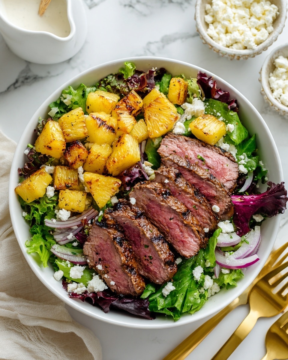 A white bowl filled with a fresh mixed green salad as the base layer, showing different leafy textures and shades of green and purple, topped with golden brown grilled pineapple chunks scattered evenly on top. On the right side, there are five slices of seared steak with a pink center and browned edges, arranged neatly in a row. Small pieces of crumbled white cheese and bits of red onion are sprinkled lightly all over the salad. The bowl sits on a white marbled surface with a gold fork nearby and small bowls of white sauce and more crumbled cheese partially visible. photo taken with an iphone --ar 4:5 --v 7