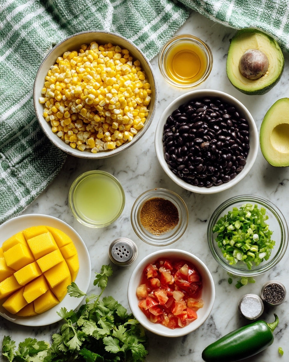 The image shows several bowls and plates arranged on a white marbled surface with a green and white checkered cloth. The top layer includes a large bowl of bright yellow corn kernels on the left, a bowl of black beans on the right, and several small bowls with spices and liquids like golden honey and light green juice scattered around. There are two halves of avocado with a green outer skin and pale green inside near the top center. A white plate with sliced golden mango sits in the bottom left corner, while a white bowl filled with small diced red tomatoes is placed at the bottom right. In the middle, a clear glass bowl contains chopped green onions. Fresh green cilantro is in a white bowl near the bottom right corner. A whole green jalapeño and salt and pepper shakers are also visible near the bottom center. Photo taken with an iphone --ar 4:5 --v 7