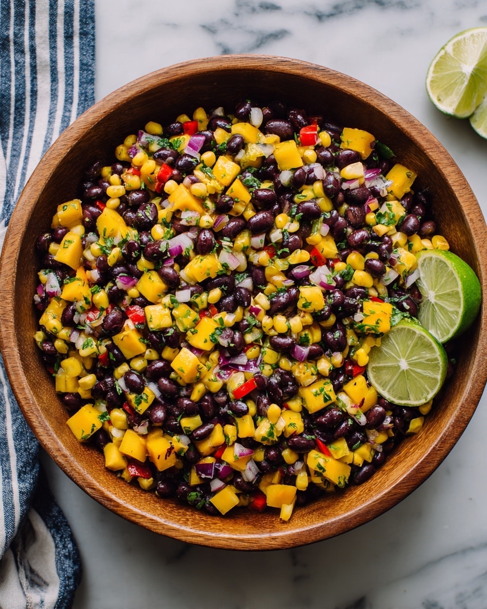A large wooden bowl filled with a colorful mix of black beans, small yellow corn kernels, and bright yellow mango chunks evenly spread throughout. There are also small pieces of red and green bell peppers and finely chopped red onions mixed in. Fresh green herbs are sprinkled on top for a touch of brightness. Two lime wedges rest on the right side of the bowl. The bowl is set on a white marbled surface with a striped blue and white cloth partially visible in the background. photo taken with an iphone --ar 4:5 --v 7
