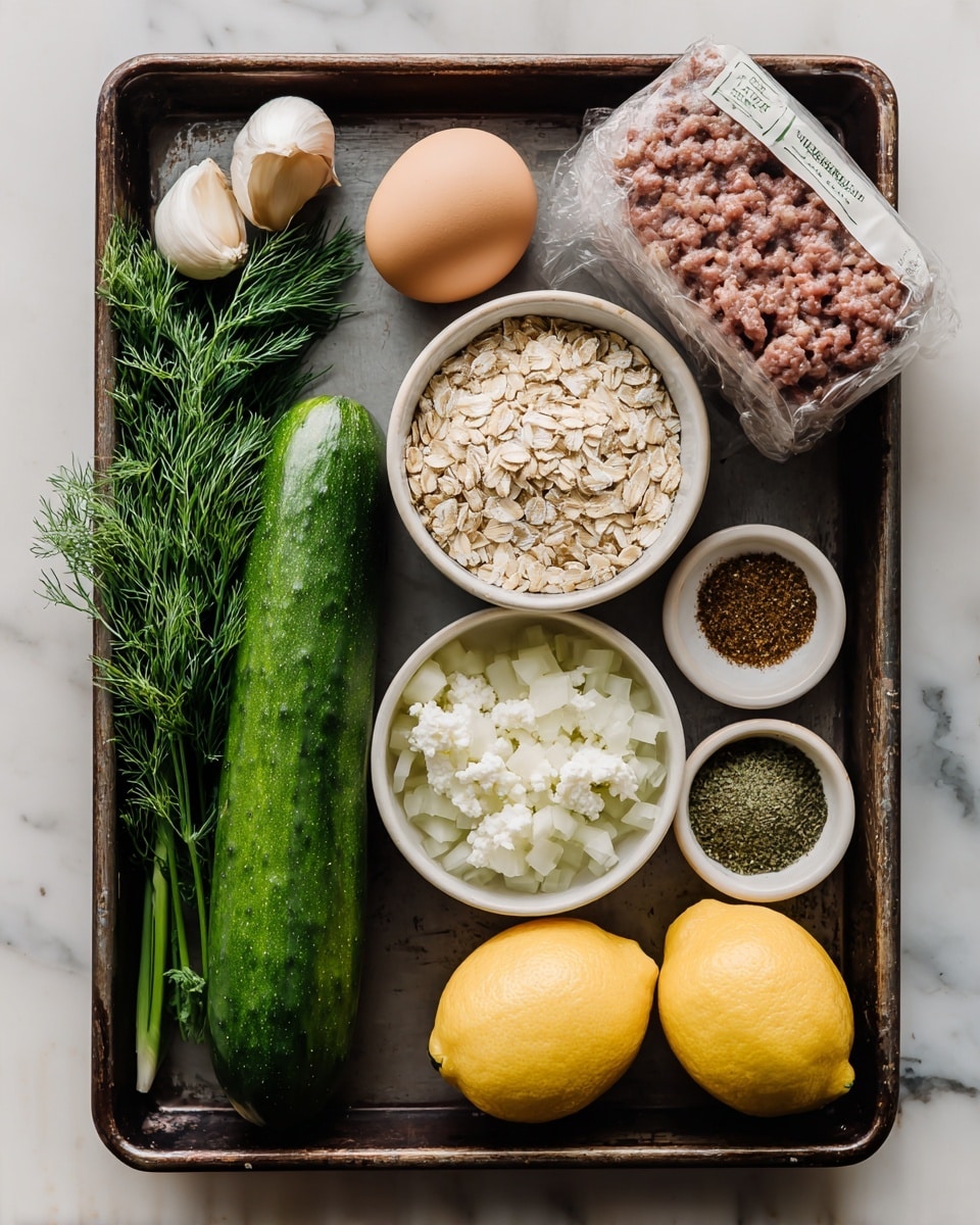 A dark metal baking tray sits on a white marbled surface, filled with fresh ingredients arranged neatly. In the top left corner is a wrapped package of organic grass-fed ground beef. Below it, a long green cucumber stretches down the left side, with a sprig of green parsley and dill beside it. A clove of garlic rests near the cucumber. In the center are three white bowls: the top bowl holds uncooked oats with a beige color and rough texture, the middle bowl contains white crumbled cheese, and the bottom bowl has finely chopped white onions. To the right are two bright yellow lemons placed one above the other. Above the lemons is a small white bowl filled with different ground spices in various shades of brown and green. Near the top center lies a single brown egg. The whole setup is clean and fresh with a focus on each ingredient’s texture and color photo taken with an iphone --ar 4:5 --v 7