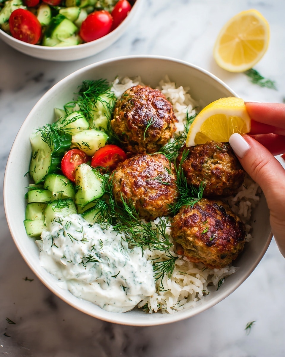 A white bowl filled with four golden-brown meatballs sitting on a bed of fluffy white rice mixed with bright green chopped cucumber and halved cherry tomatoes. Fresh green dill sprigs are scattered on top, and there is a dollop of creamy white sauce speckled with herbs on one side of the bowl. A woman's hand is seen squeezing a fresh lemon wedge over the meatballs, with lemon juice droplets falling down. The bowl is placed on a white marbled surface, and a second white bowl with a similar cucumber and tomato salad is blurred in the background. Photo taken with an iphone --ar 4:5 --v 7