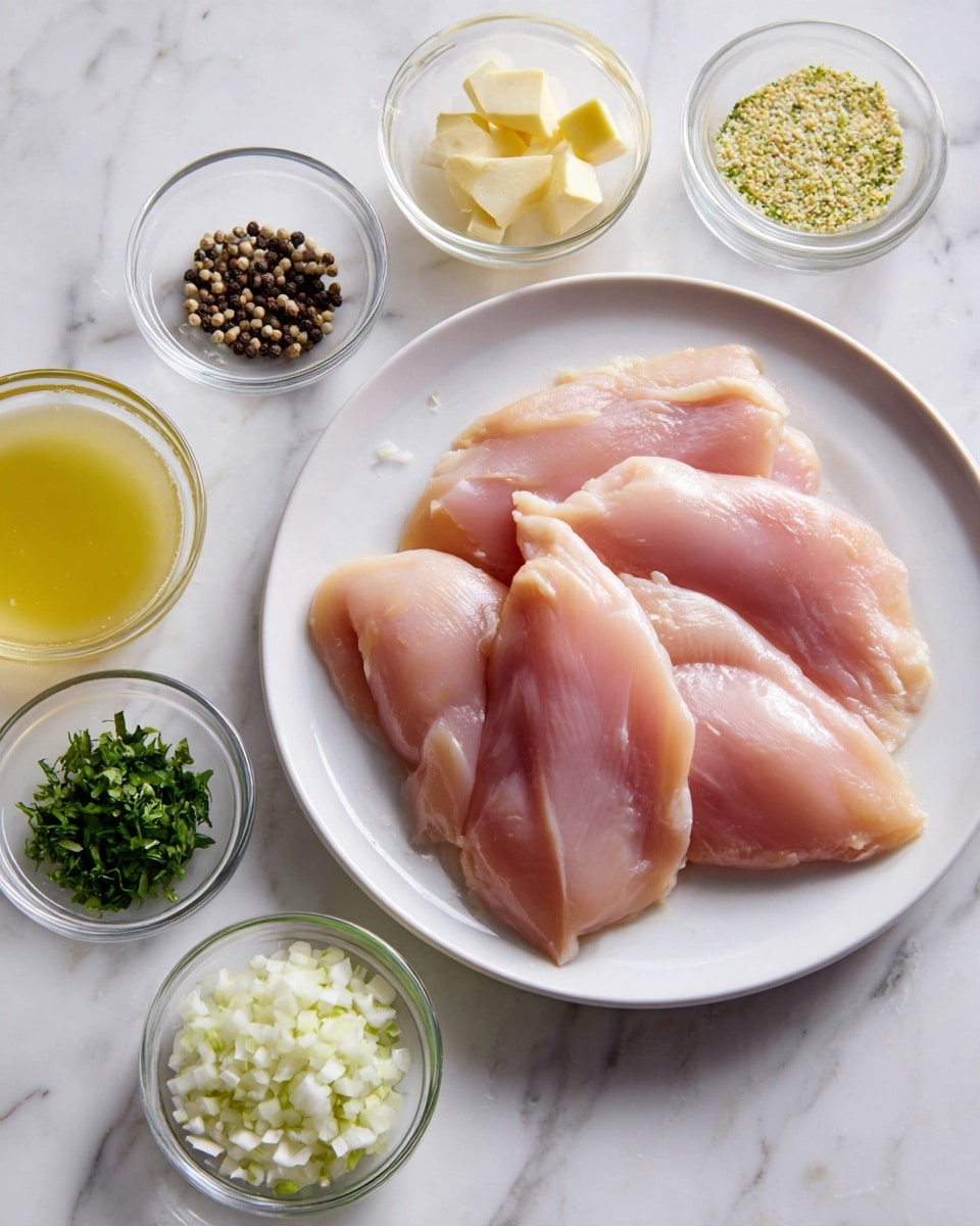 On a white plate, there are four raw thin pieces of pink chicken placed overlapping slightly, with smooth and shiny textures. Around the plate, there are small glass bowls arranged on a white marbled surface: one with clear pale yellow liquid, one with small black peppercorns, one with bright green lime zest, one with finely chopped fresh green herbs, one with diced white onions, one with finely minced light yellow garlic, one with white flour, one with light yellow butter cubes, and a clear measuring cup holding a pale yellow broth. Photo taken with an iphone --ar 4:5 --v 7
