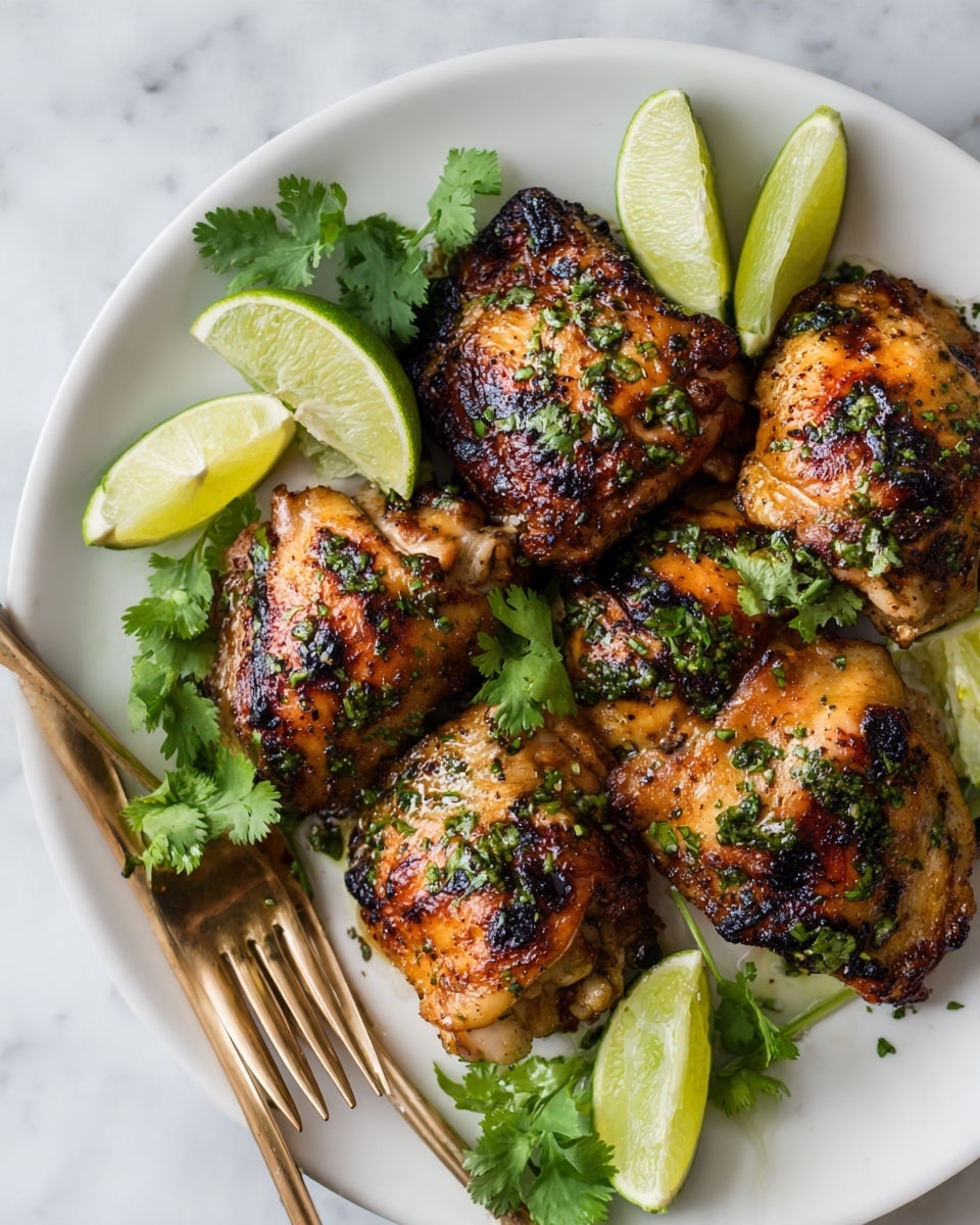 A white plate is filled with six pieces of grilled chicken thighs, each piece golden brown with char marks and a slightly crispy texture. Bright green cilantro leaves are scattered on top of the chicken and around the plate for garnish. Lime wedges, some placed upright and others lying down, are arranged around the chicken pieces adding a fresh, vibrant contrast. The plate sits on a white marbled surface, and to the left side, there is a gold fork resting partially on the plate. Photo taken with an iphone --ar 4:5 --v 7