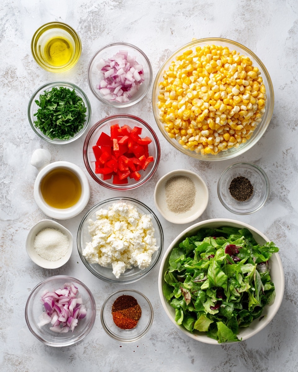 The image shows multiple small clear glass bowls arranged on a white marbled surface, each holding different ingredients for a recipe. Starting from the top right, there is a large bowl filled with yellow corn kernels. To its left, there is a bowl of chopped green herbs. Below the herbs is a bowl with red bell pepper pieces, and near it, a bowl with crumbled white cheese. Around these are smaller bowls containing diced red onions, minced cilantro, olive oil, a light brown liquid, a clear liquid, and a small amount each of black pepper, paprika, and light beige mustard. On the far right is a large white bowl filled with a mix of green leafy salad. The bowls are neatly arranged in an organized layout. photo taken with an iphone --ar 4:5 --v 7