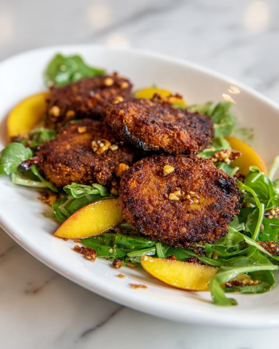 A white oval plate with three crispy golden-brown fritters that have a rough, crunchy texture, placed on a bed of vibrant green leafy salad. Thinly sliced yellow peaches with a soft, smooth texture are scattered around and on top of the fritters. Small bits of nuts or seeds are sprinkled evenly over the dish, adding extra texture and contrast. The dish rests on a white marbled surface. Photo taken with an iphone --ar 4:5 --v 7