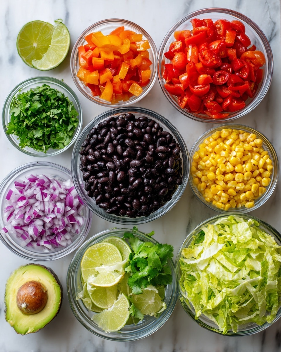 The image shows eight clear glass bowls and one avocado half arranged neatly on a white marbled surface. The largest bowl in the center holds black beans with a shiny, smooth texture and dark color. Surrounding it clockwise are a small bowl of chopped green cilantro leaves, a small bowl with two lime wedges, a medium bowl with roasted red pepper pieces, a medium bowl with diced orange-red tomatoes, a medium bowl with finely chopped red onions, a medium bowl with bright yellow grilled corn kernels, and a large bowl filled with shredded light green lettuce. The avocado half with smooth pale green flesh and dark outer skin is placed at the bottom left corner. The scene is bright and clear, showing fresh and colorful ingredients for a salad or salsa photo taken with an iphone --ar 4:5 --v 7
