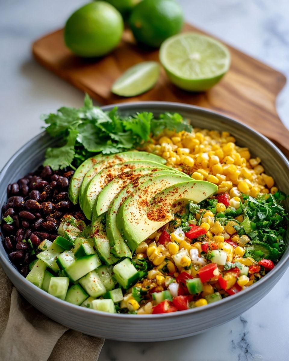 A large gray bowl filled with a vibrant salad showing three main layers: the base layer is made of bright yellow corn kernels mixed evenly with small black beans, diced red bell peppers, and chopped green cucumbers, creating a colorful mix. On top, three fanned slices of light green avocado are placed evenly across the bowl, each sprinkled with a reddish spice. Fresh green cilantro leaves are scattered over the salad, adding a fresh touch. In the background, there is a wooden board with two halved limes resting on a white marbled surface. photo taken with an iphone --ar 4:5 --v 7