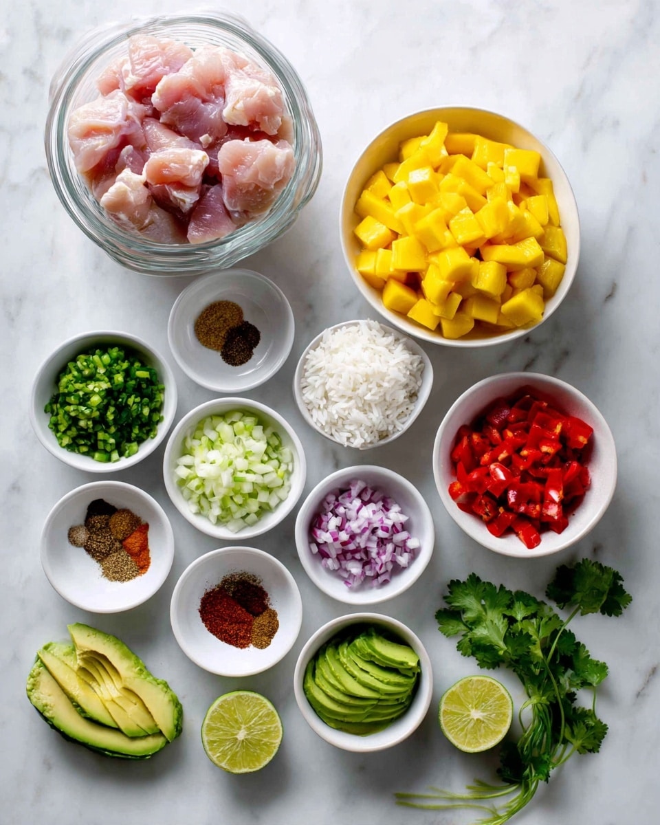 The image shows ingredients neatly arranged on a white marbled surface. There are three clear glass bowls stacked vertically on the left with raw pink chicken pieces at the top, white rice in the middle, and a white liquid at the bottom. To the right, a medium white bowl holds bright yellow diced mango, and below it, another white bowl contains diced red peppers. A third white bowl next to the peppers holds finely chopped red onions and green celery mixed together. Several small white bowls are placed between the larger bowls, each holding different spices and seasonings in shades of brown, red, and green. At the bottom left are neatly sliced green avocado pieces followed by scattered bowls of salt, black pepper, and fresh chopped herbs. A single sprig of fresh cilantro and two lime wedges sit at the bottom right. The whole arrangement is clean and colorful with clear separation of each ingredient photo taken with an iphone --ar 4:5 --v 7