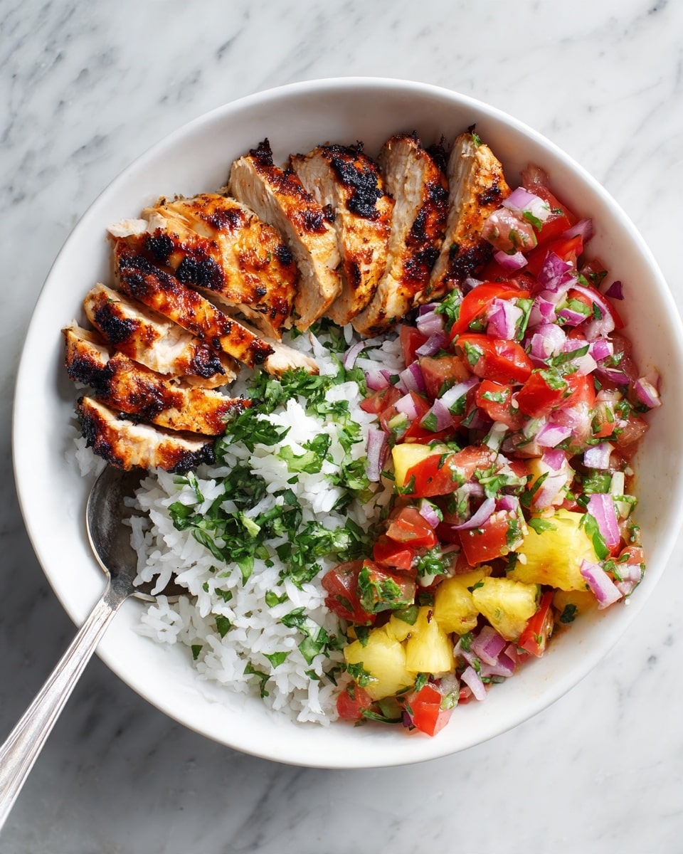A white bowl filled with three main layers: on the left, there are several slices of grilled, lightly charred chicken with a golden brown and slightly reddish color; in the middle front, there is a portion of white rice mixed with small bits of green herbs; on the right top and bottom, there is a fresh salsa made of diced red onions, tomatoes, green herbs, and chunks of yellow pineapple. A silver spoon is placed inside the bowl. The bowl is set on a white marbled surface. Photo taken with an iphone --ar 4:5 --v 7