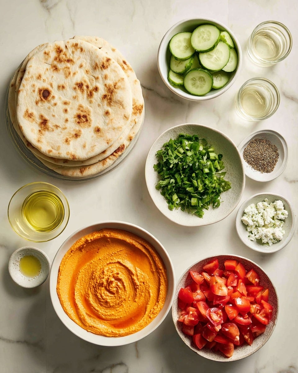 The image shows a flat white marbled surface with several ingredients arranged neatly. On the left side, there is a stack of flatbreads with a light brown toasted texture. Below it, a bowl filled with smooth, creamy orange hummus with swirls on top. On the right, a large white bowl contains finely chopped red tomatoes. Above it, a white bowl has evenly sliced cucumber rounds. Next to the cucumbers, a small bowl holds chopped green onions with fresh green color. A decorative bowl nearby contains chopped cilantro with a lush green look. There are also small white dishes holding coarse black pepper and a mix of black and white spices. Two small clear glass containers hold light yellow olive oil and pale white lemon juice. The whole setup is on a clean white marbled surface. photo taken with an iphone --ar 4:5 --v 7