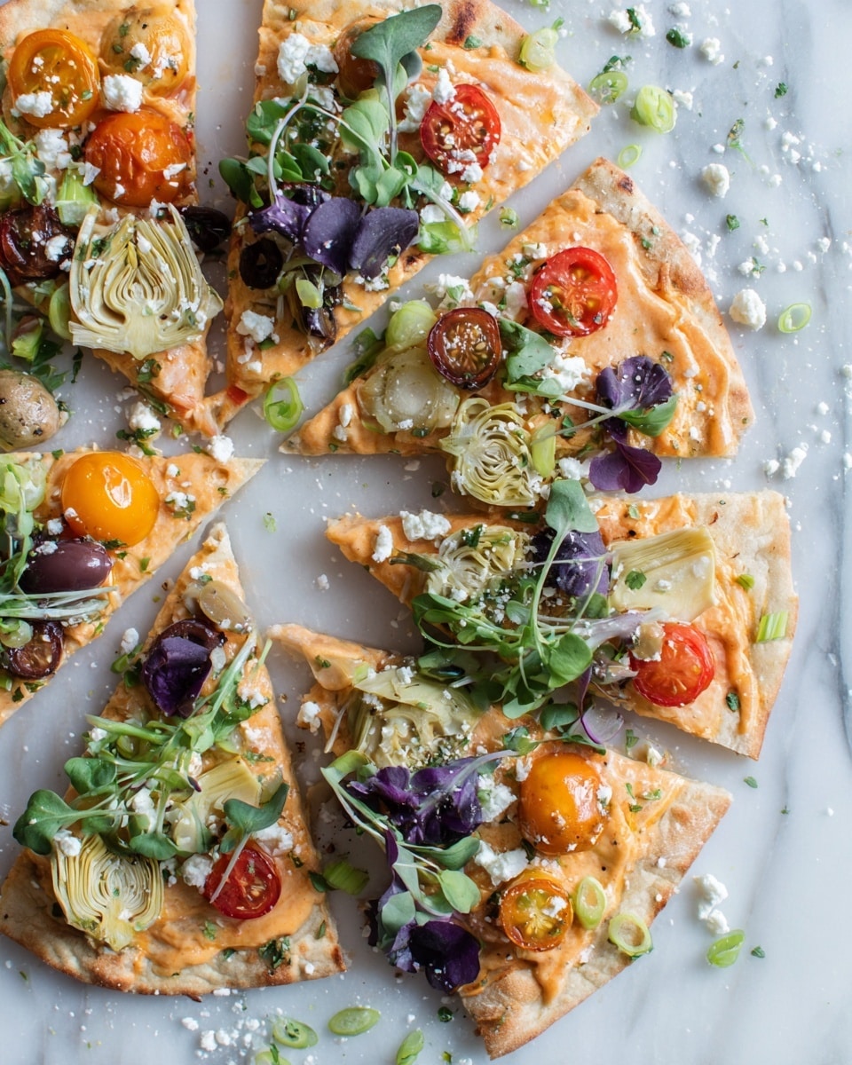 The image shows a flatbread pizza sliced into several pieces on a white marbled surface. The base layer is a lightly toasted flatbread with a smooth, slightly golden texture. Spread evenly over it is a light orange creamy sauce. On top, there are halved cherry tomatoes in red, orange, and yellow colors, along with green and black olives. Artichoke heart pieces and chopped green onions add texture, scattered above the sauce. Fresh leafy greens and small purple sprouts are layered on top, with crumbled white cheese sprinkled generously over the whole pizza. Some of the greens and cheese crumbs are also scattered around the pizza on the white marbled surface. Photo taken with an iphone --ar 4:5 --v 7
